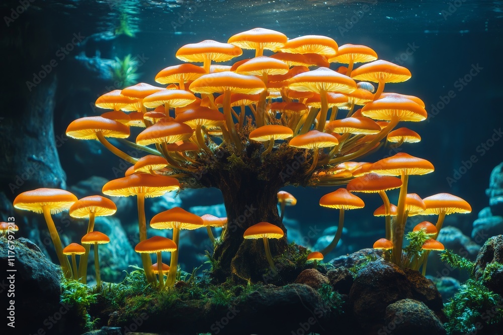 Poster A mesmerizing underwater setting filled with vibrant glowing mushrooms, creating an enchanting scene that evokes curiosity and awe about the mysteries of the deep world.