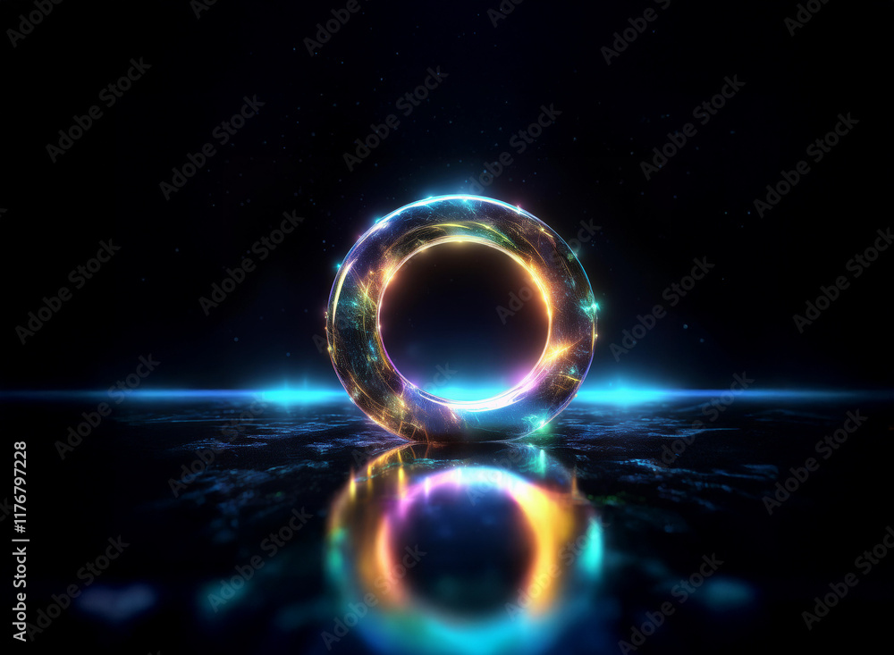 Poster luminous ring, iridescent and swirling, floats above a dark reflective surface. sparkling energy ema