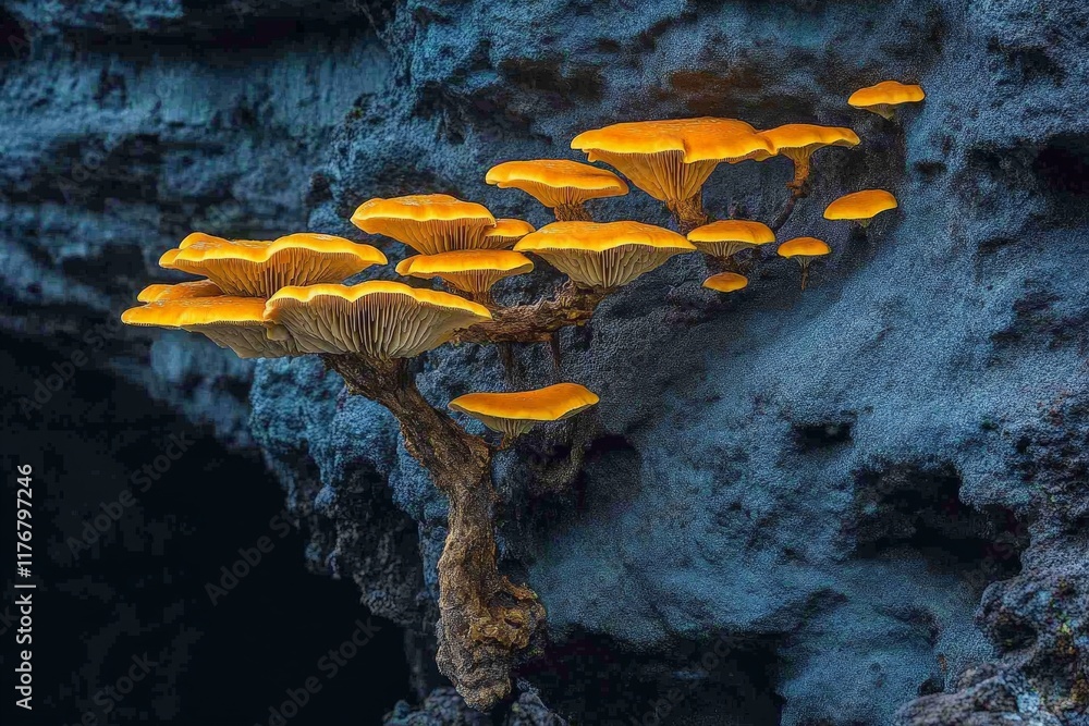 Poster a fascinating cluster of orange mushrooms growing on a rocky substrate, showcasing nature's uniquene