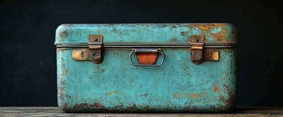 Vintage Teal Metal Trunk, Rustic Weathered Storage Chest
