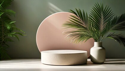 Fototapeta premium Minimalist setup with a round podium and a vase with palm leaves.