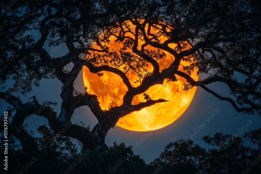 Poster A majestic tree stands tall against the backdrop of a glowing full moon, creating an awe-inspiring scene that captures the intersection of nature and celestial wonder.