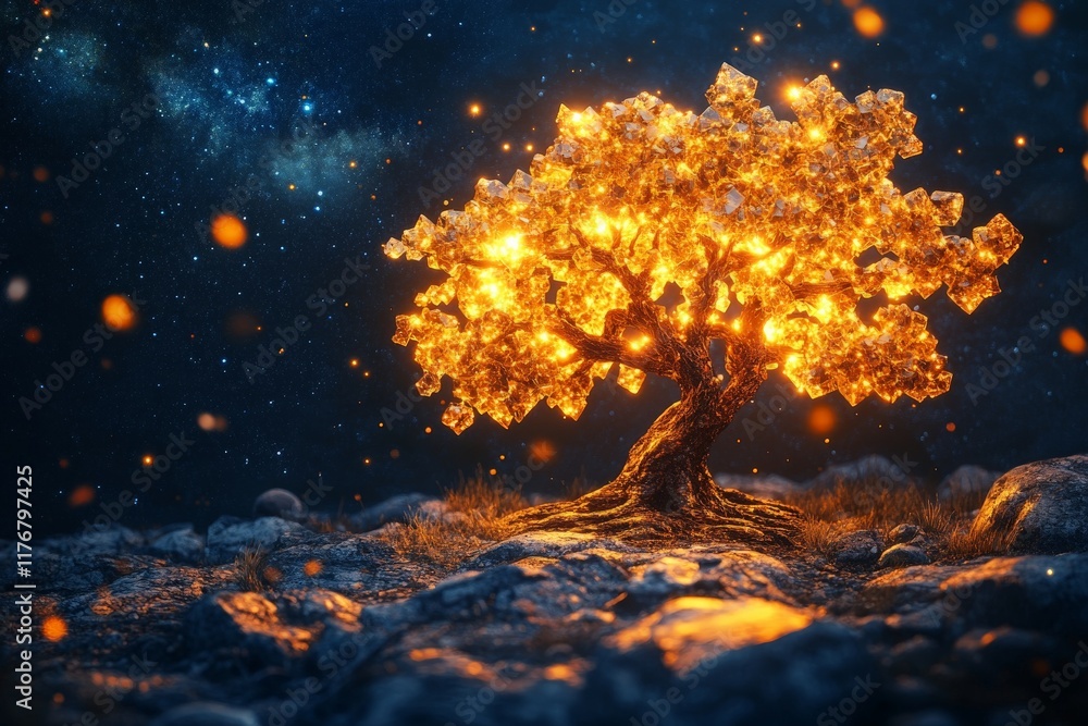 Aufkleber an enchanting tree made of sparkling crystals shines brightly under a celestial sky, symbolizing bea