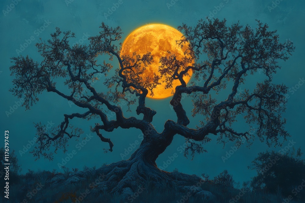 Poster An ethereal tree is silhouetted against a radiant full moon, symbolizing beauty, tranquility, and the profound connection between nature and cosmic elements in the universe.