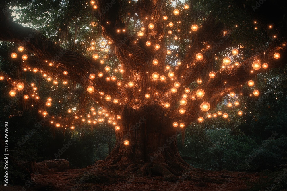 Poster This striking image showcases a colossal tree adorned with countless glowing orbs, enveloped in shadows and light, creating a mystical scene that ignites the imagination and wonder.