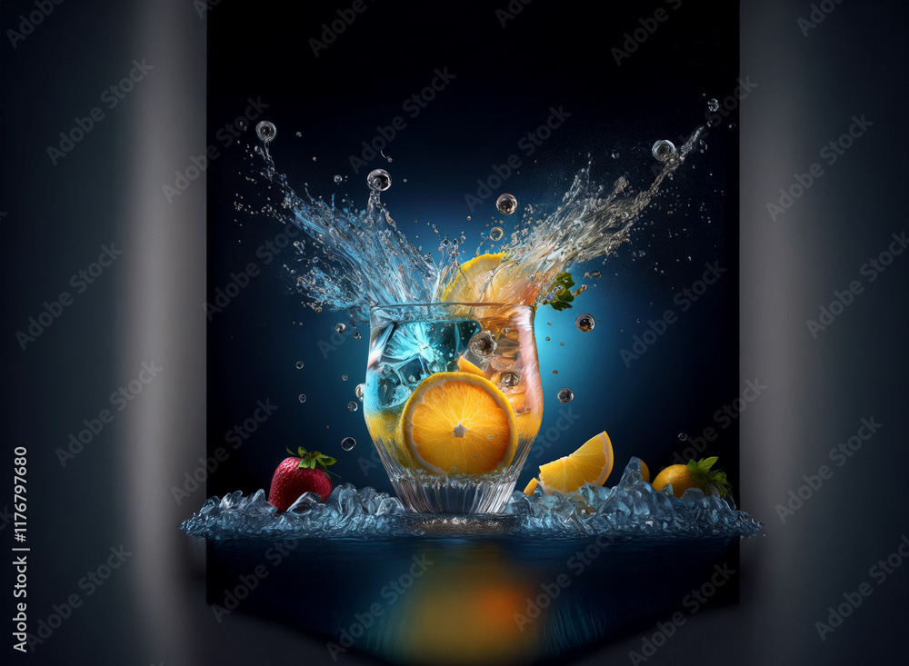 Poster vibrant citrus fruits and ice cubes explode in a splash of water, creating a refreshing and dynamic 