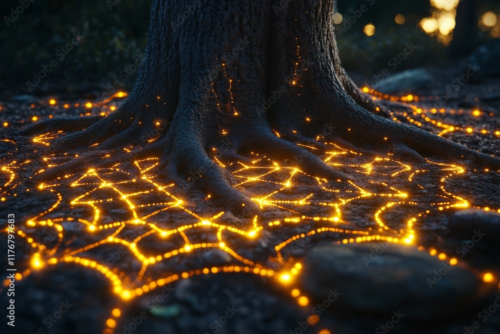 Aufkleber A stunning image depicting a tree's roots intertwined with glowing light trails, creating a mesmerizing and ethereal atmosphere that evokes feelings of magic and connection to nature.