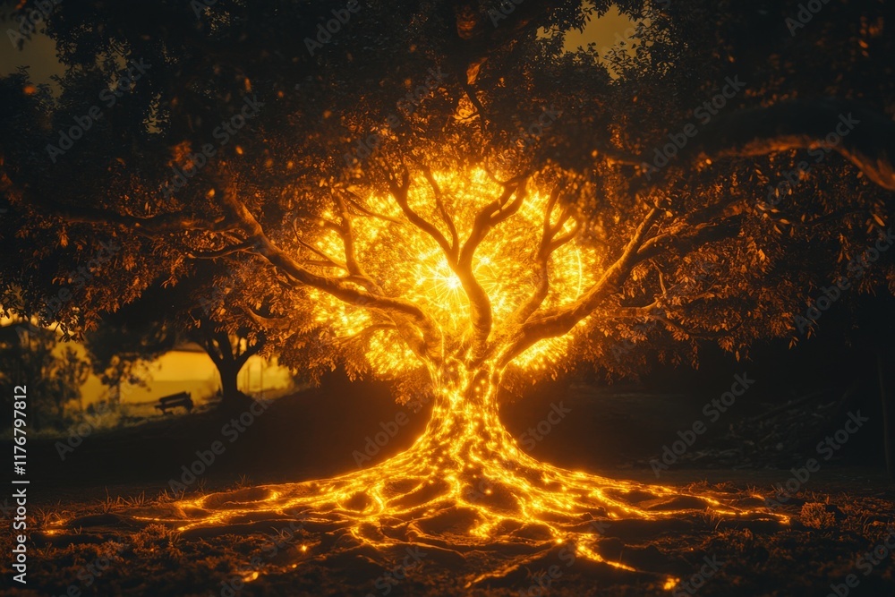 Aufkleber An enchanting tree radiates light from its trunk and branches, creating an otherworldly scene that evokes feelings of wonder and mystery in the twilight environment.