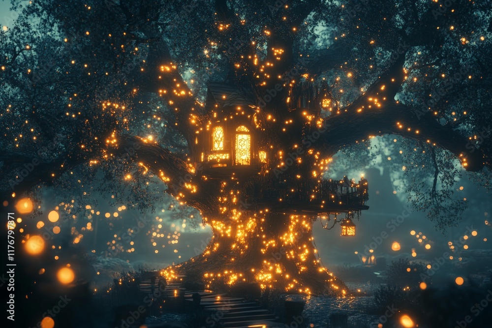 Poster A whimsical treehouse is surrounded by radiant orbs of light, creating a dreamy and enchanted scene that inspires a sense of awe and nostalgia in the twilight glow.