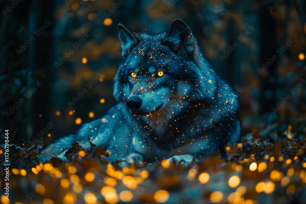 Aufkleber a captivating image of a relaxed wolf adorned with a shimmering glow in a forest setting, embodying 