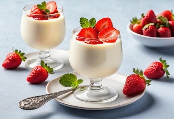 A glass with layers of panna cotta and strawberries, topped with a mint leaf.