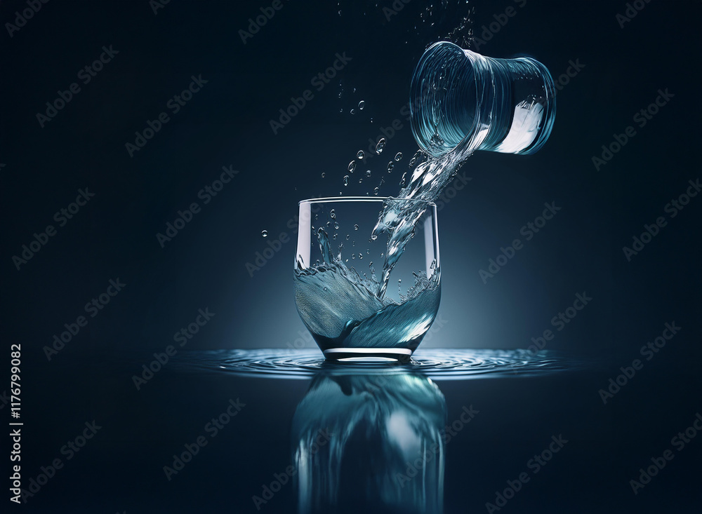 Poster water pours from a bottle into a glass, creating a splash. the scene is dark and moody, with reflect