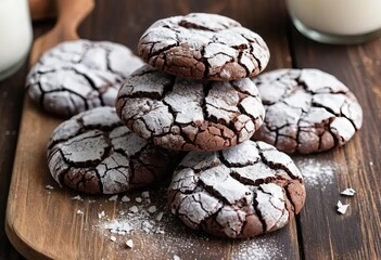 Close-up of chocolate crinkle cookies with powdered sugar on top, on a wooden background