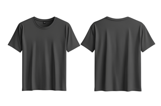  Vector flat illustration of a plain dark grey t-shirt template, front and back view on a transparent  background 