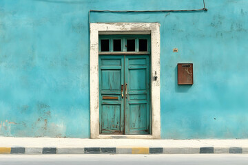 Teal Doorway on Turquoise Wall Illustration