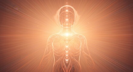 Glowing Energetic Human Figure with Chakra Points and Light Rays