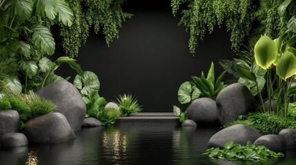 Naklejka premium Serene Jungle Oasis: Dark, moody backdrop featuring lush tropical foliage, smooth grey stones, and a tranquil reflecting pool. Ideal for product displays or wellness concepts. 