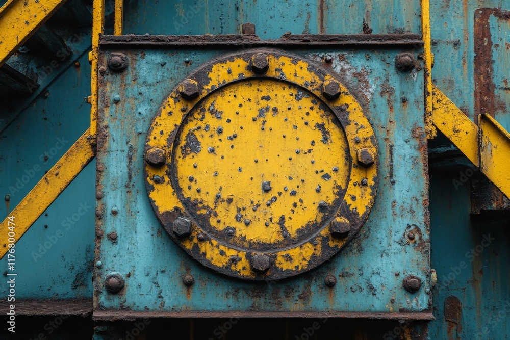Poster An abstract view of weathered industrial machinery showing a circular yellow panel against a backdrop of rusty blue, highlighting textures and raw materials in engineering.