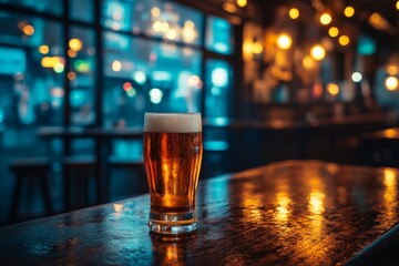 A close-up shot of a frothy glass of beer sits on a polished wooden table, capturing the vibrant atmosphere of a lively bar in the evening with warm lighting.