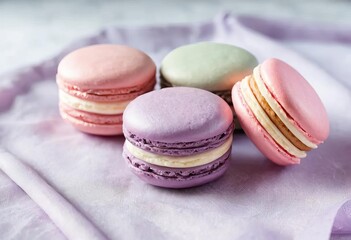 Obraz premium A close-up of three pastel-colored macarons on a textured background