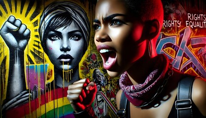 Obraz premium Woman screaming for rights equality, rebel fighting spirit, urban street art graffiti collage