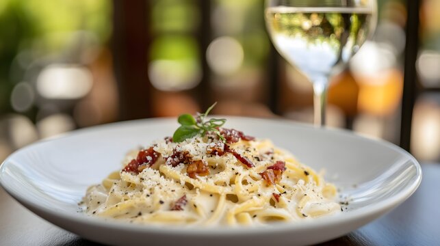 Creamy pasta carbonara served on a white plate with a glass of white wine in a warm, inviting setting