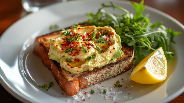 Healthy smashed avocado on toasted bread served with lemon and arugula at a cozy breakfast spot