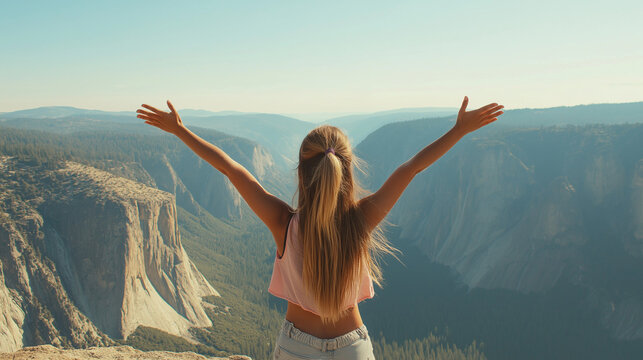 Young caucasian female embracing freedom with mountain view, woman raised her hands up above the landscape