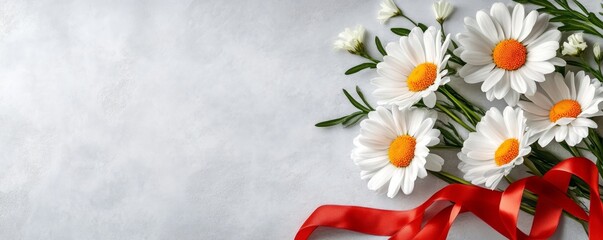 Obraz premium valentine's day frame concept. Fresh daisies with a red ribbon on a textured gray background.