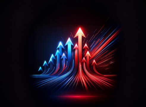Glowing red and blue arrows ascend, converging at the apex, symbolizing growth, progress, and upward trajectory. Dynamic energy radiates outwards.