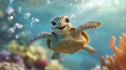 Obraz premium Cute cartoon sea turtle swimming underwater.