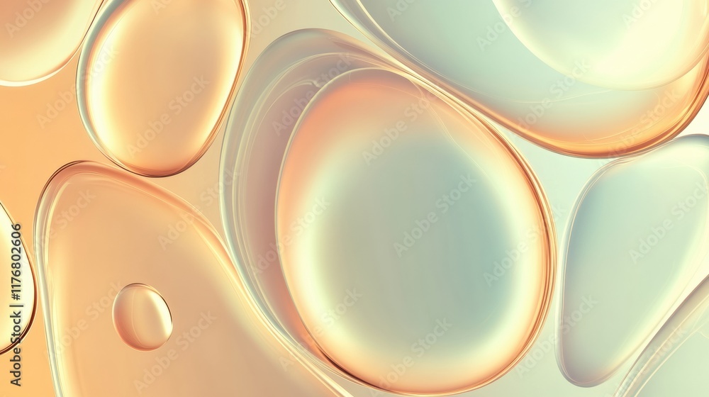 Poster organic shapes with glowing effects resemble water droplets in a soft pastel background. generative 