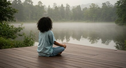 Fototapeta premium Woman Meditating by Foggy Lake on Wooden Deck in Forest
