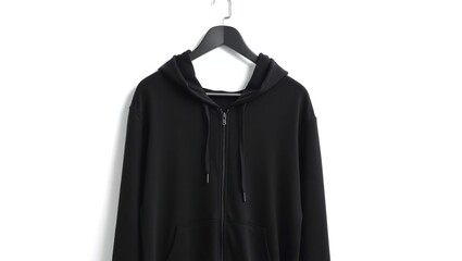 Black Zip Up Hoodie Hanging On A Hanger