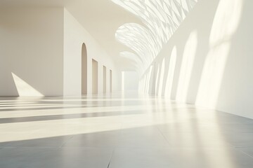 Obraz premium Blank white wall mockup in sunny modern empty gallery, 3d rendering. Clear big stand mock up in museum with contemporary art exhibitions. Large hall interior with wide banner exposition template.