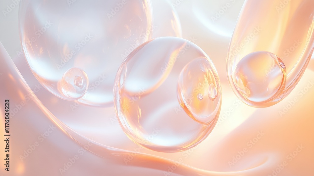 Poster organic shapes create a surreal representation of luminous water droplets in a soft, glowing environ