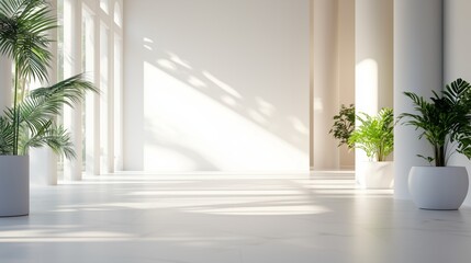 Blank white wall mockup in sunny modern empty gallery, 3d rendering. Clear big stand mock up in museum with contemporary art exhibitions. Large hall interior with wide banner exposition template.