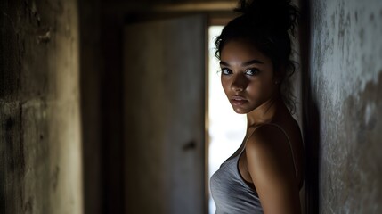 Fototapeta premium Young woman standing in a dimly lit corridor reflecting on her surroundings during early evening hours