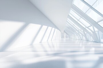 Fototapeta premium Blank white wall mockup in sunny modern empty gallery, 3d rendering. Clear big stand mock up in museum with contemporary art exhibitions. Large hall interior with wide banner exposition template.