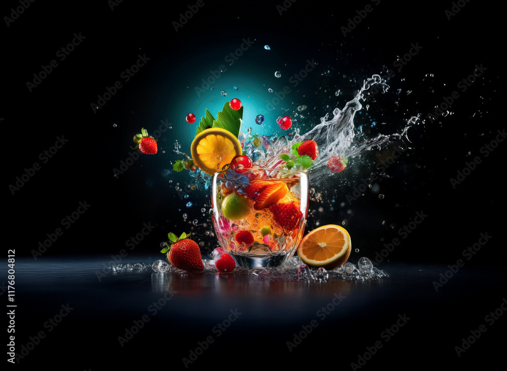 Poster vibrant fruits splashing into a glass, creating a dynamic and colorful scene against a dark backgrou