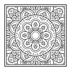 Decorative pattern of flowers and paisley for printing on fabric. Ornament for a bandana, a silk neckerchief, a tablecloth or a kerchief. Square sketch in tribal or oriental style.