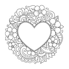 Frame in eastern tradition. Stylized with henna tattoos decorative pattern for decorating covers for book, notebook, casket, magazine, postcard and folder. Flower Heart in mehndi style.