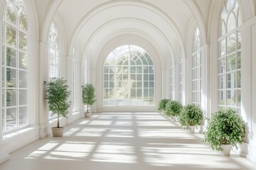 Fototapeta premium Bright and airy corridor with arches and large windows in a minimalist design 