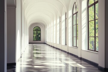Obraz premium Bright and airy corridor with arches and large windows in a minimalist design 