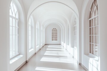 Obraz premium Bright and airy corridor with arches and large windows in a minimalist design 