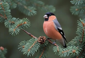 A male Eurasian bullfinch perched on a branch with a snowy forest in the background