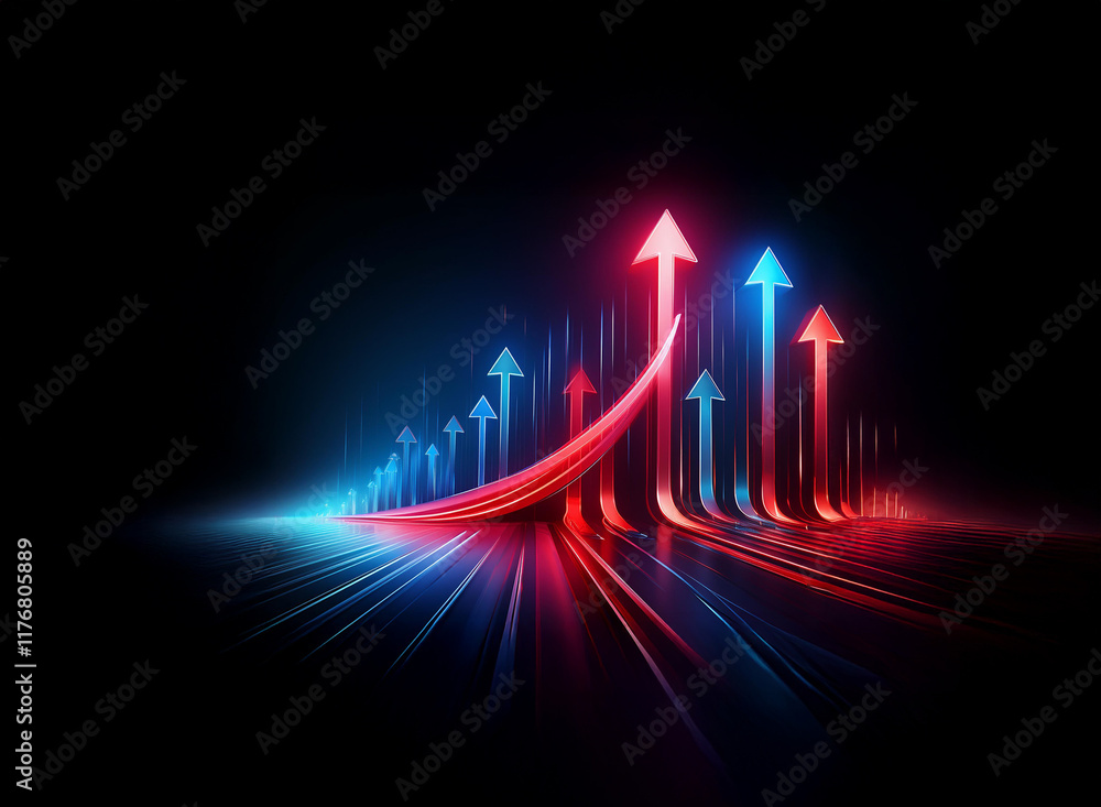 Poster red and blue glowing arrows curve upward, symbolizing growth and progress against a dark background 