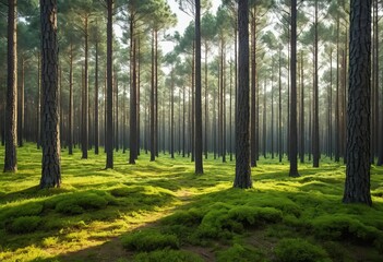 Obraz premium A photo of a pine forest with sunlight streaming through the trees