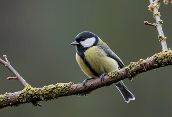 Obraz premium A close-up photo of a Great Tit perched on a tree branch with its feathers fluffed up
