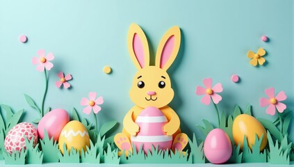 Obraz premium Easter bunny holding painted egg in spring meadow